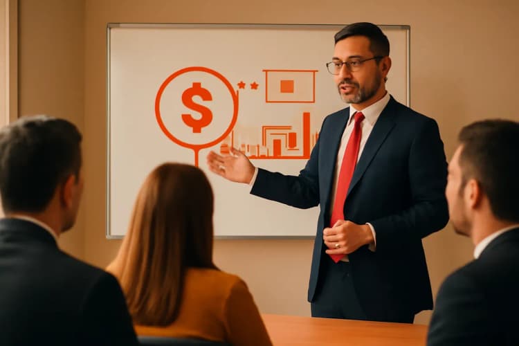 Advogado explicando regras de tráfego pago para colegas em apresentação