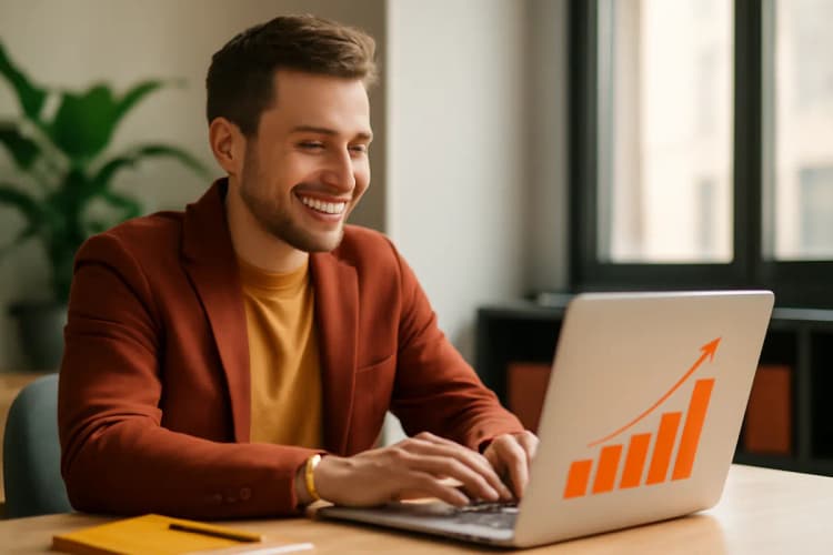 Profissional de marketing digital trabalhando em escritório moderno com gráficos de sucesso