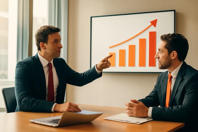 Advogado explicando um gráfico de crescimento para um colega em uma sala de reunião.
