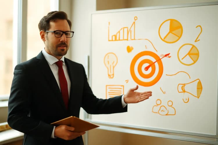 Advogado em pé em frente a um quadro branco com diagramas de estratégia de marketing jurídico.