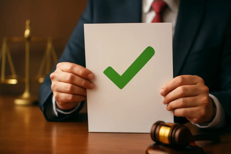 Advogado lendo um documento com um símbolo de 'check' verde ao lado.