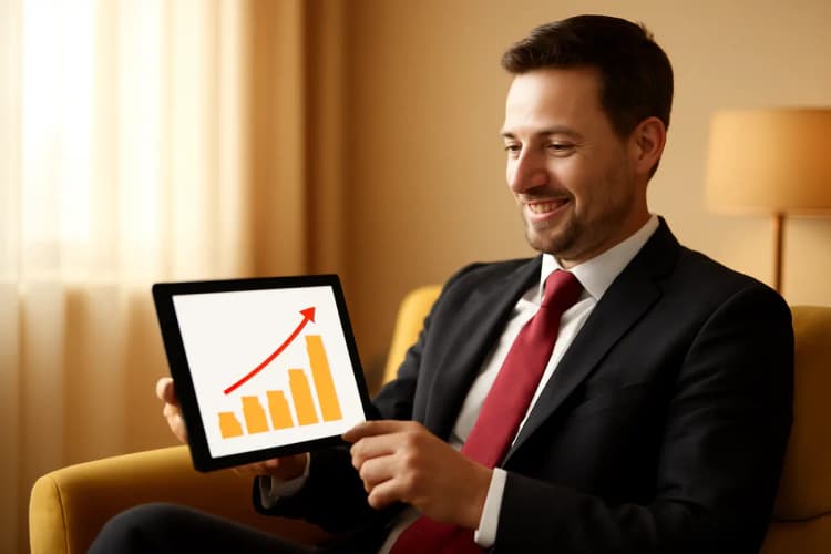 Advogado satisfeito olhando para um gráfico de sucesso em um tablet.