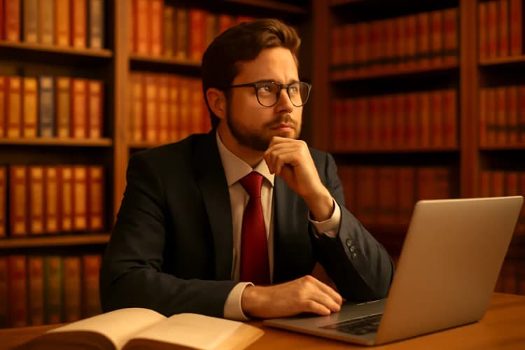 Advogado pensativo em seu escritório, com livros e um laptop.