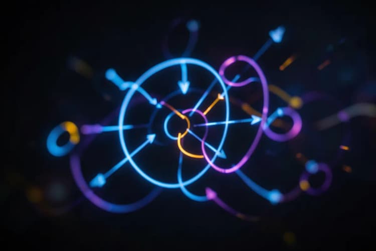 Diagrama abstrato com setas conectando círculos luminosos em tons de azul e roxo, simulando fluxo de dados.