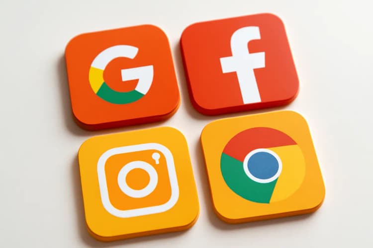 Comparação visual de ícones de plataformas digitais (Google, Facebook, Instagram) organizados em um mosaico.