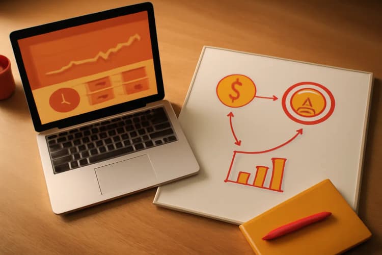 Fluxo de trabalho de mídia paga com setas conectando ícones de orçamento, segmentação e resultados.