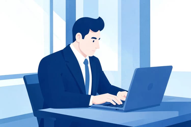 Advogado trabalhando em um laptop em um escritório moderno.