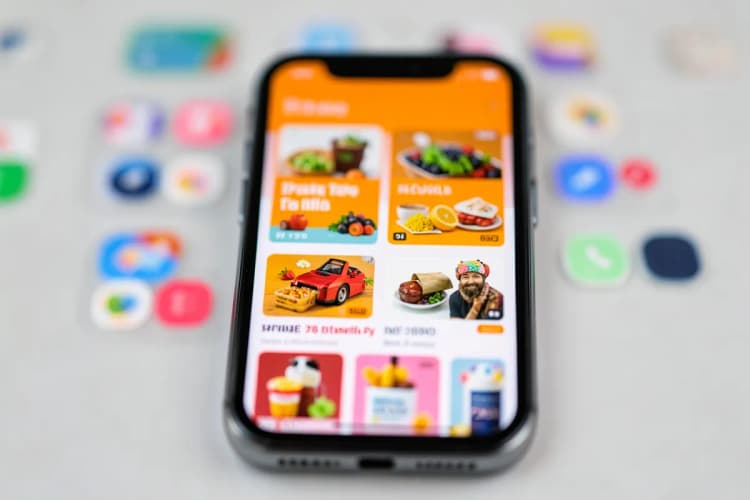 Um close-up de um smartphone exibindo anúncios coloridos em uma tela, com um fundo desfocado de ícones de aplicativos.