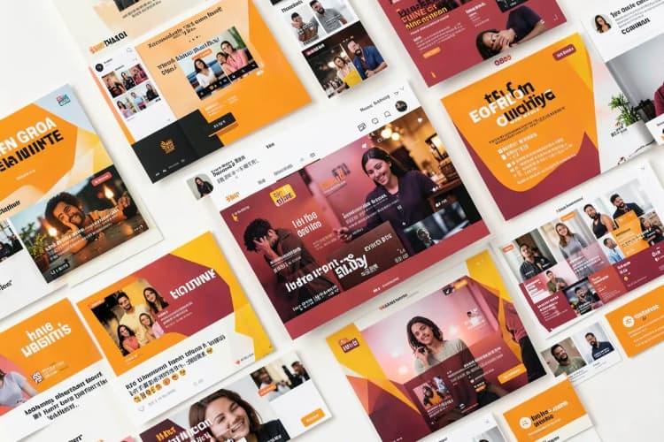 Uma colagem de diferentes formatos de anúncios digitais, como banners, vídeos curtos e posts de mídia social, dispostos de forma dinâmica.
