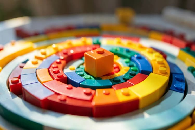 Um conjunto de blocos de construção coloridos sendo montados para formar um alvo, simbolizando a criação de uma estratégia.