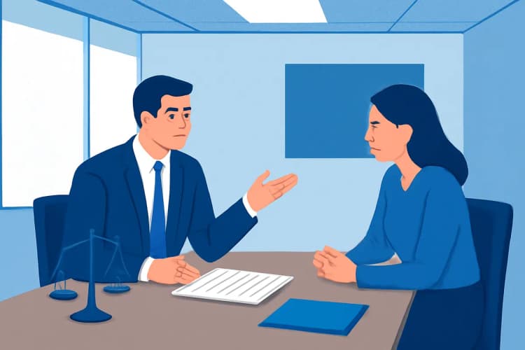 Advogado(a) explicando algo para um cliente em uma sala de reunião.