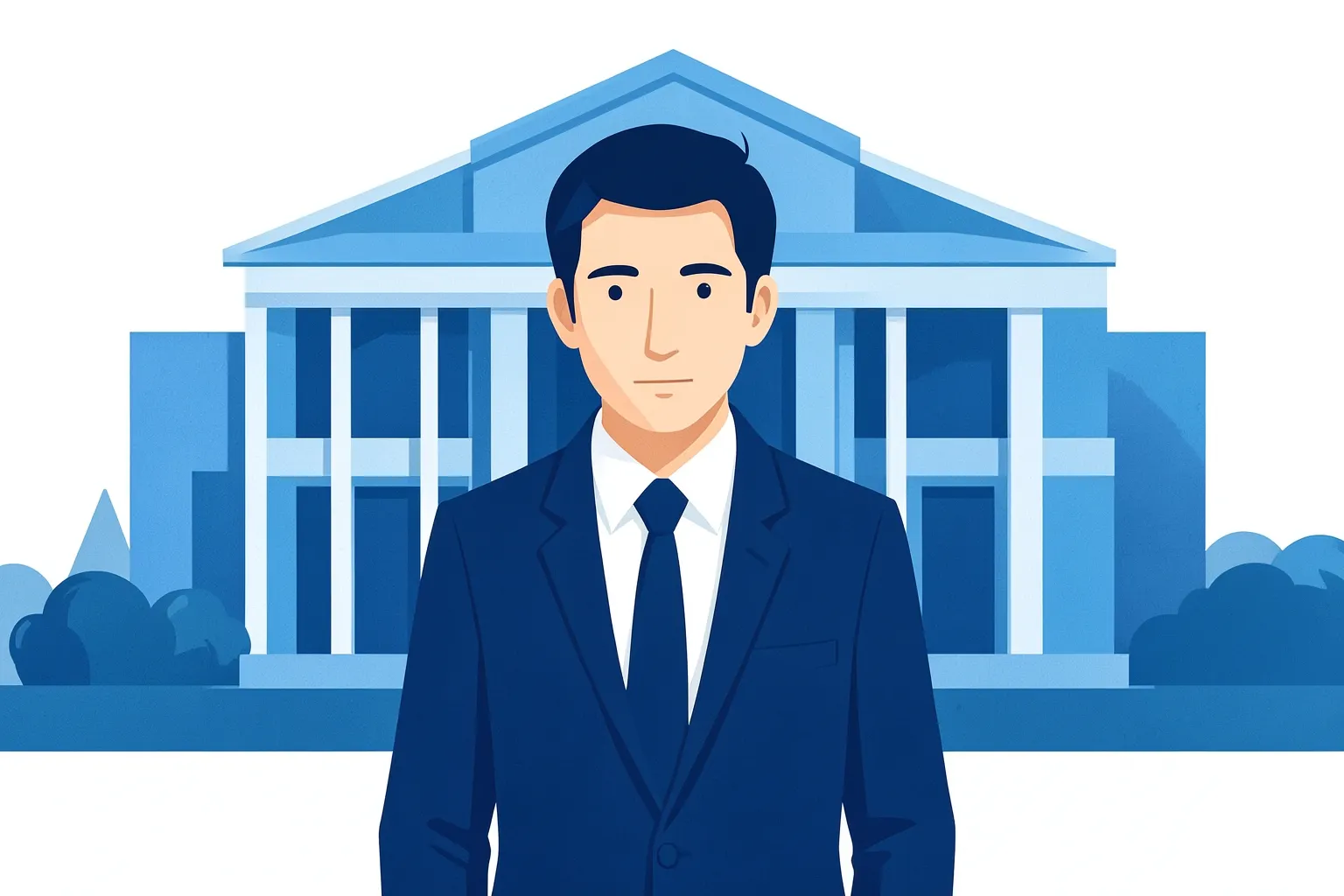 Advogado(a) em frente a um prédio de tribunais, com a mão no queixo, pensativo.