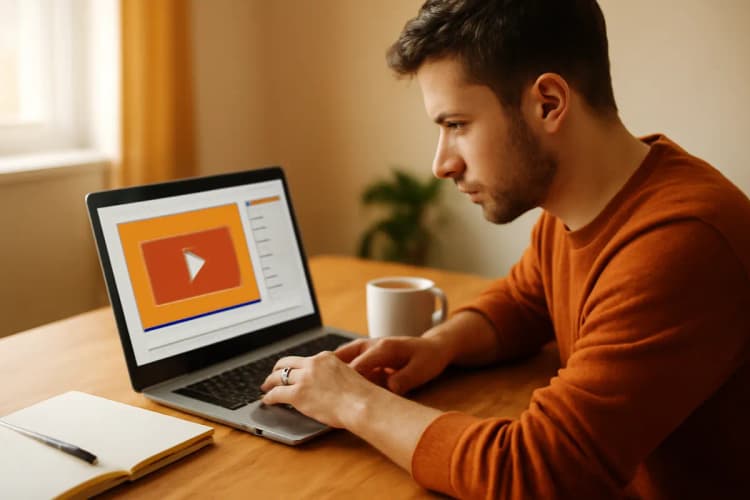 Homem jovem com expressão focada aprendendo sobre tráfego pago em um notebook