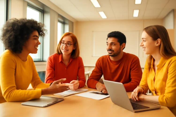 Grupo de pessoas em um ambiente de aprendizado, discutindo estratégias de tráfego pago