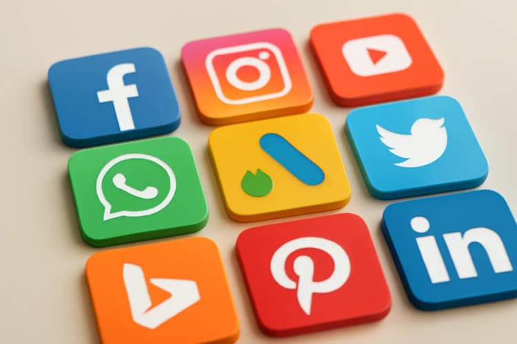 Ilustração de diferentes ícones de redes sociais e plataformas de anúncios online