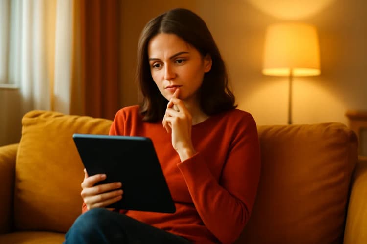 Mulher pensativa analisando opções de cursos online em um tablet
