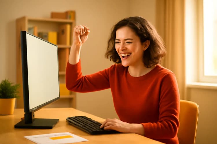Pessoa sentada em frente a um computador, comemorando uma meta alcançada em marketing digital