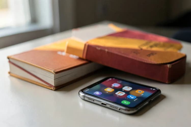 Uma pilha de livros sobre marketing digital e um celular com ícones de redes sociais na tela, sobre uma mesa.