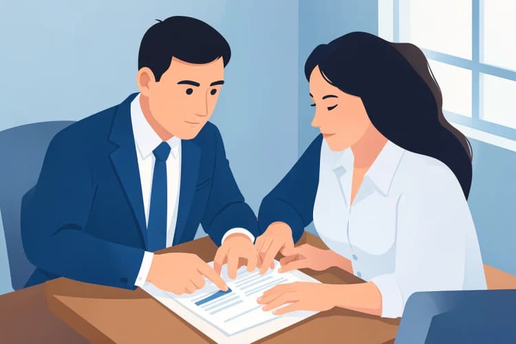 Advogado explicando um documento para um cliente em uma mesa de escritório
