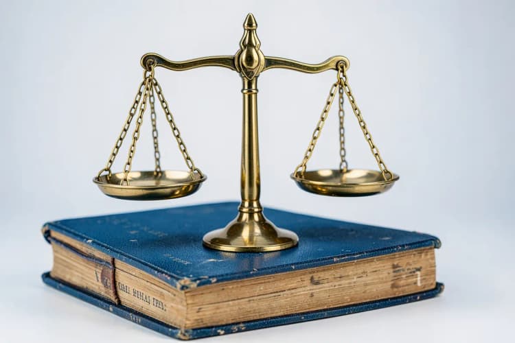 Balança da justiça em cima de livros de direito.