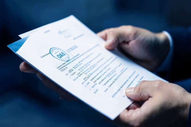 Mãos segurando um contrato com carimbo da OAB.
