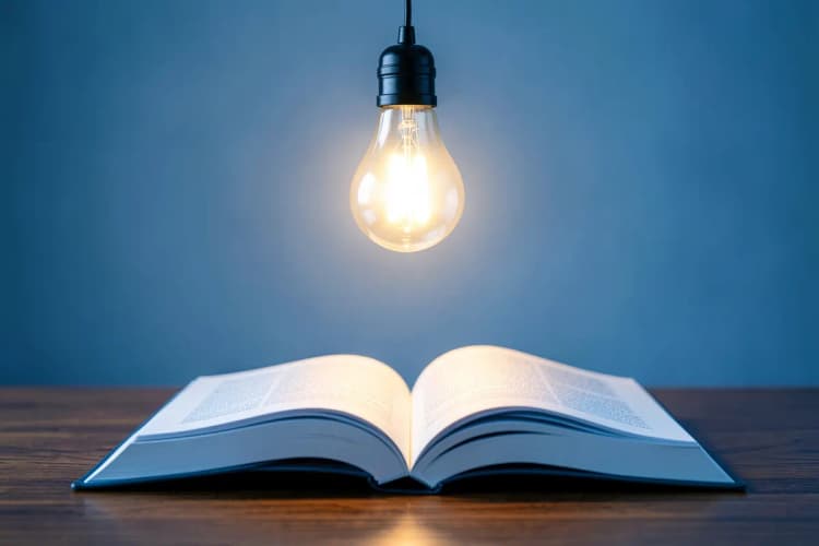 Lâmpada acesa sobre um livro aberto.
