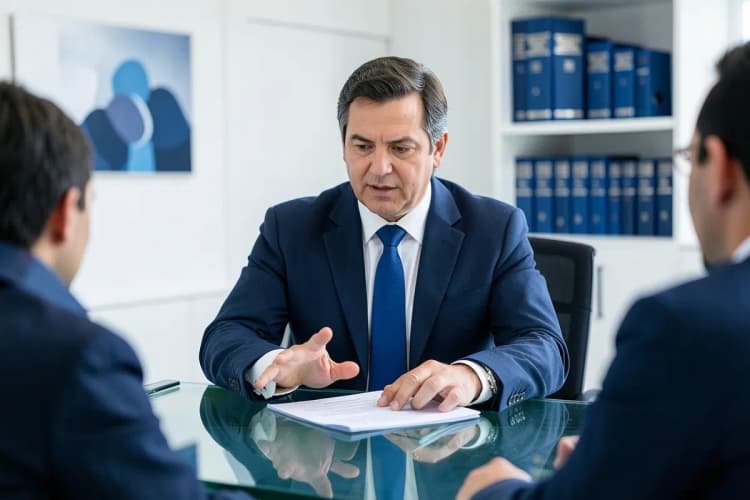 Advogado explicando um documento para um cliente.