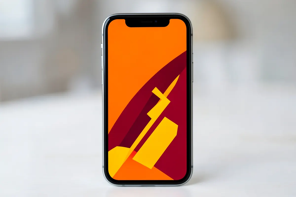Um smartphone exibindo um anúncio colorido em tela cheia, em um fundo desfocado.