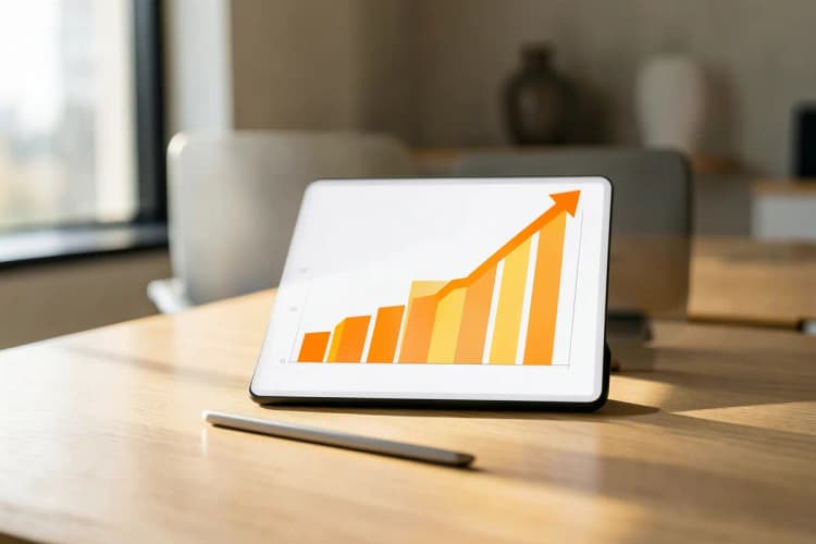 Um tablet mostrando um gráfico de barras ascendente em um ambiente de escritório moderno.