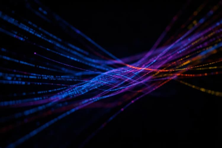 Um fluxo de dados digitais abstratos em tons de azul e roxo.