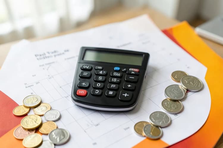 Calculadora e moedas sobre um gráfico de tráfego pago