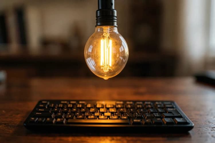 Lâmpada acesa sobre um teclado de computador, simbolizando ideias para anúncios no Instagram
