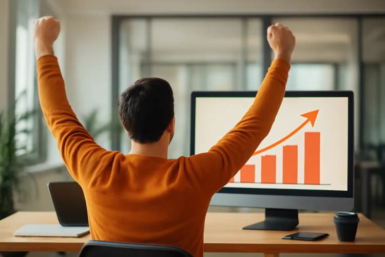 Vale a pena investir em tráfego pago? Pessoa comemorando sucesso com gráfico subindo.