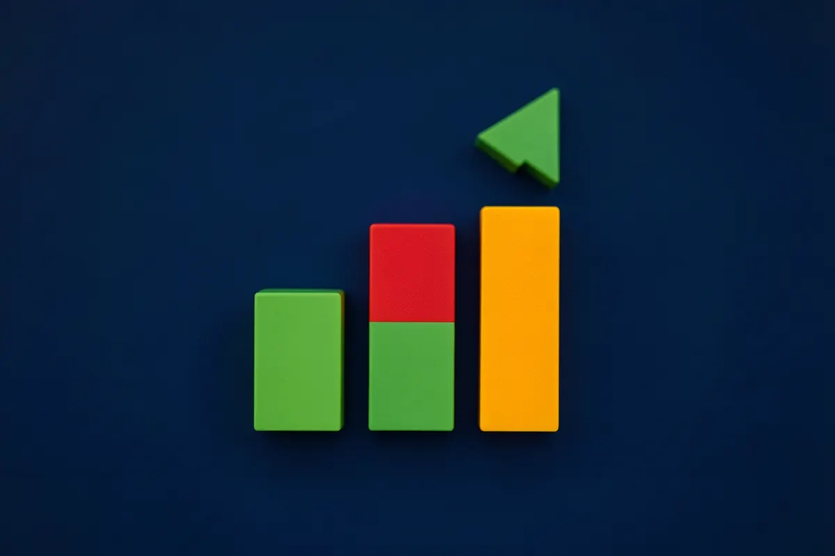Um ícone de um gráfico de barras subindo, com setas indicando crescimento, sobre um fundo azul gradiente.