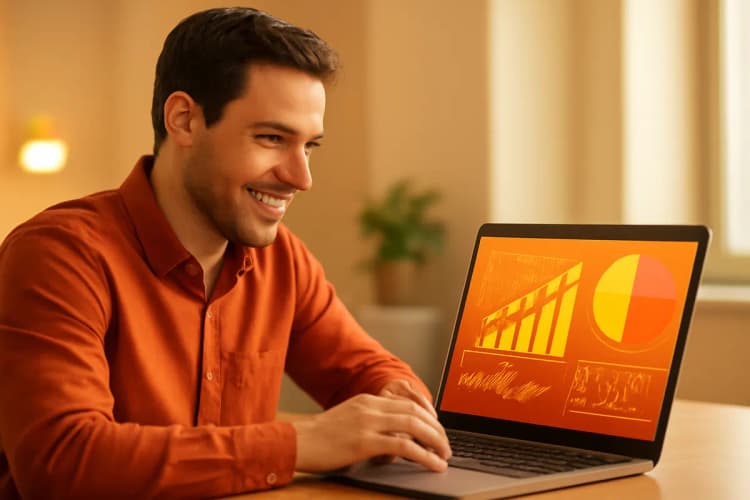 Homem trabalhando em um laptop com gráficos de tráfego pago na tela