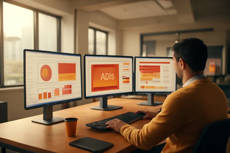 Tela de computador mostrando diferentes plataformas de anúncios como Google Ads e Facebook Ads