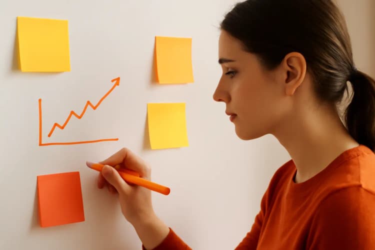 Mulher planejando uma campanha de tráfego pago em um quadro branco com post-its