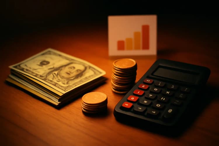 Cédulas de dinheiro e moedas com uma calculadora e gráficos de tráfego pago
