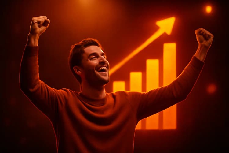 Pessoa comemorando sucesso financeiro com gráficos de tráfego pago subindo