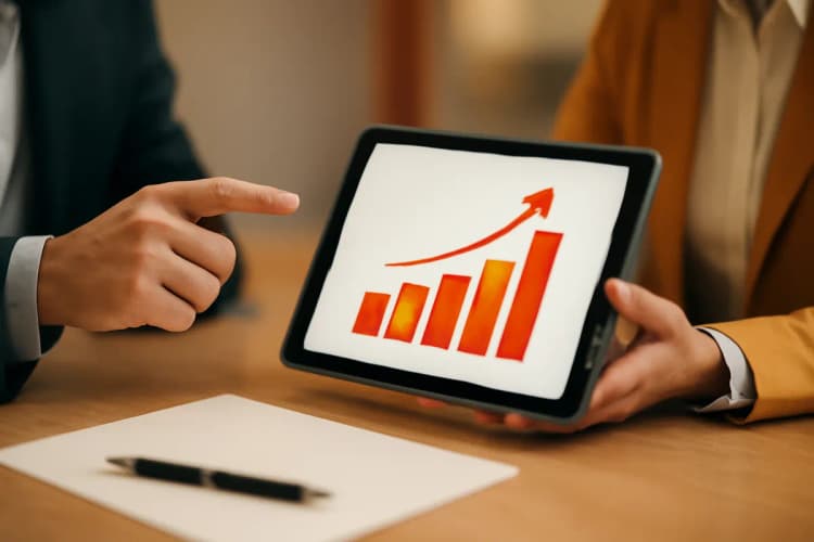 Advogado explicando gráficos de tráfego pago em reunião com cliente, keyword Tráfego pago para advogados