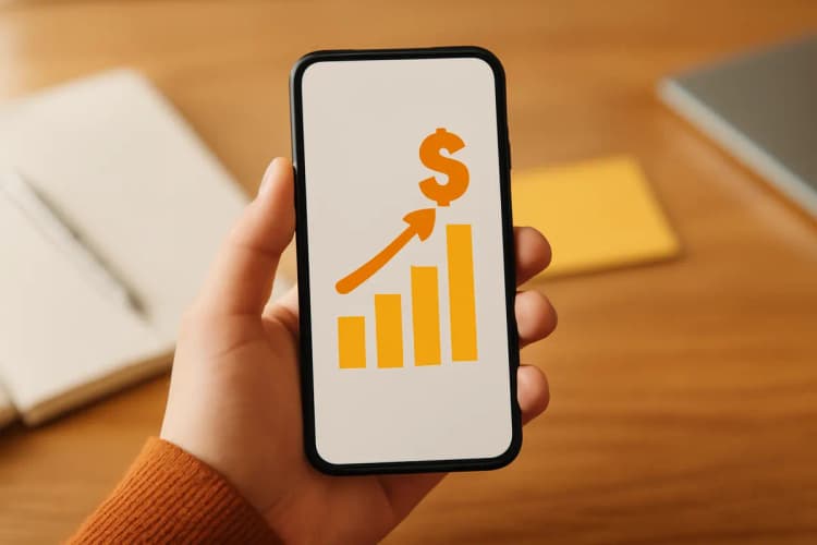 Gráfico de barras subindo com símbolo de dinheiro, representando o crescimento financeiro com tráfego pago para advogados
