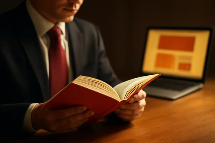 Advogado lendo código de ética da OAB em livro, com um laptop ao lado exibindo anúncios online, keyword Tráfego pago para advogados