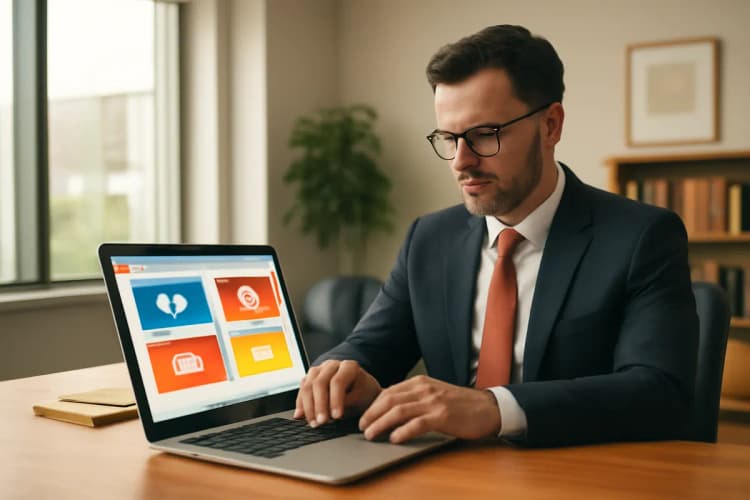 Advogado configurando campanha de anúncios online em um laptop em um escritório moderno, keyword Tráfego pago para advogados