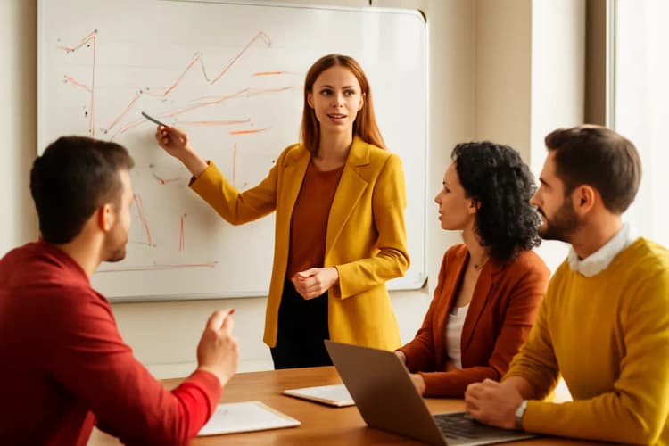 Equipe de agência de marketing digital analisando dados em um quadro branco com gráficos, keyword Tráfego pago para advogados