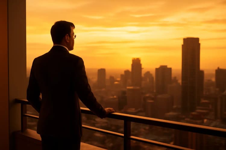 Advogado satisfeito olhando para o horizonte da cidade ao pôr do sol, representando o sucesso alcançado com tráfego pago, keyword Tráfego pago para advogados