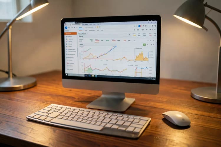 Um computador com uma tela mostrando um painel de análise com gráficos e números, com um teclado e um mouse ao lado em uma mesa de madeira.