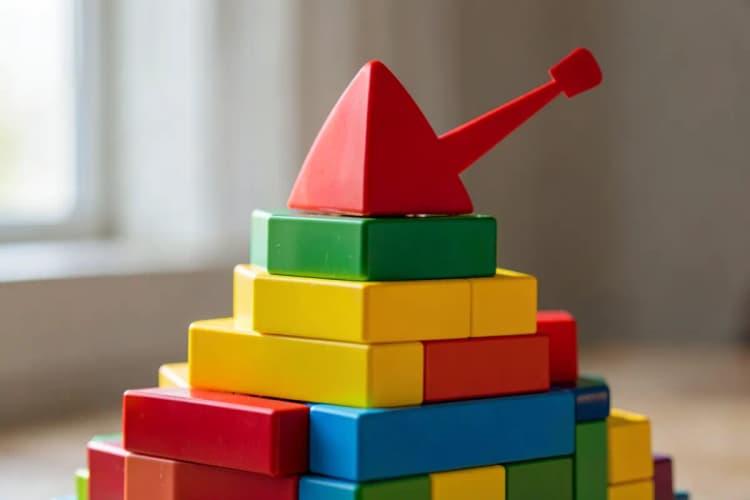 Uma pilha de blocos de construção coloridos formando uma pirâmide, com uma seta vermelha apontando para o topo.