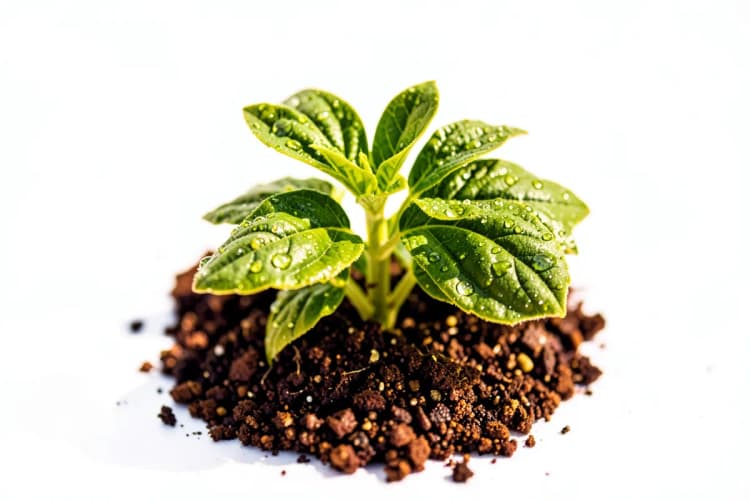 Uma única planta verde crescendo de um pequeno monte de terra, com gotas de água nas folhas, em um fundo branco.