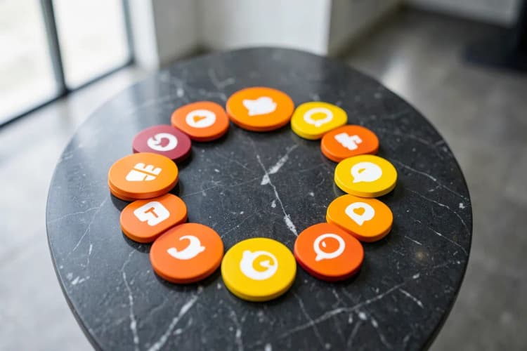 Ícones de plataformas de mídia social e anúncios dispostos em círculo.