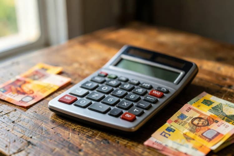 Calculadora e notas de dinheiro sobre uma mesa, representando orçamento.